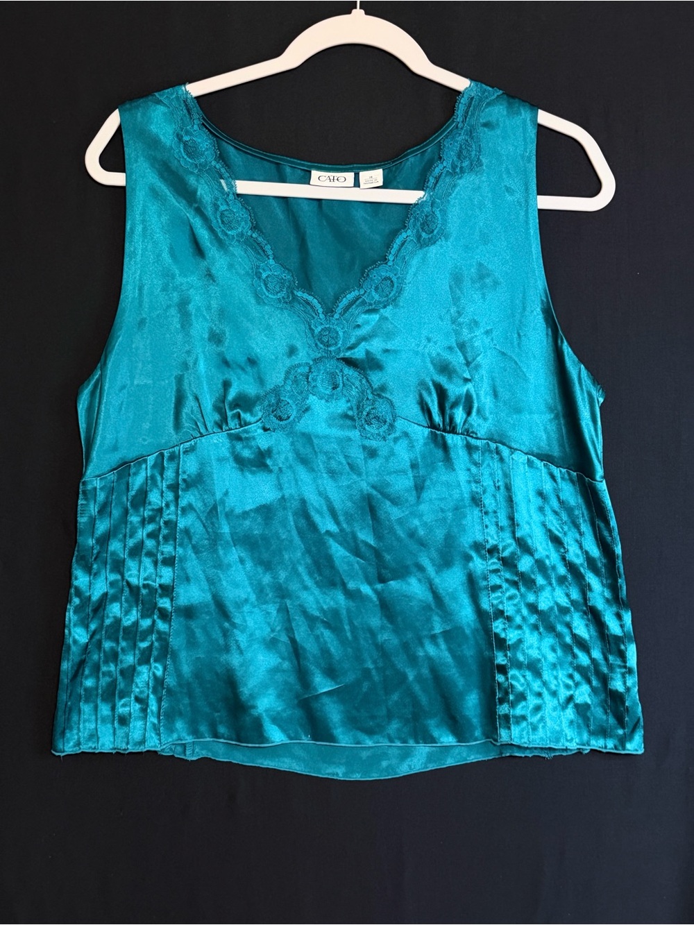 Cato Teal Satin V-Neck Lace Trim Tank